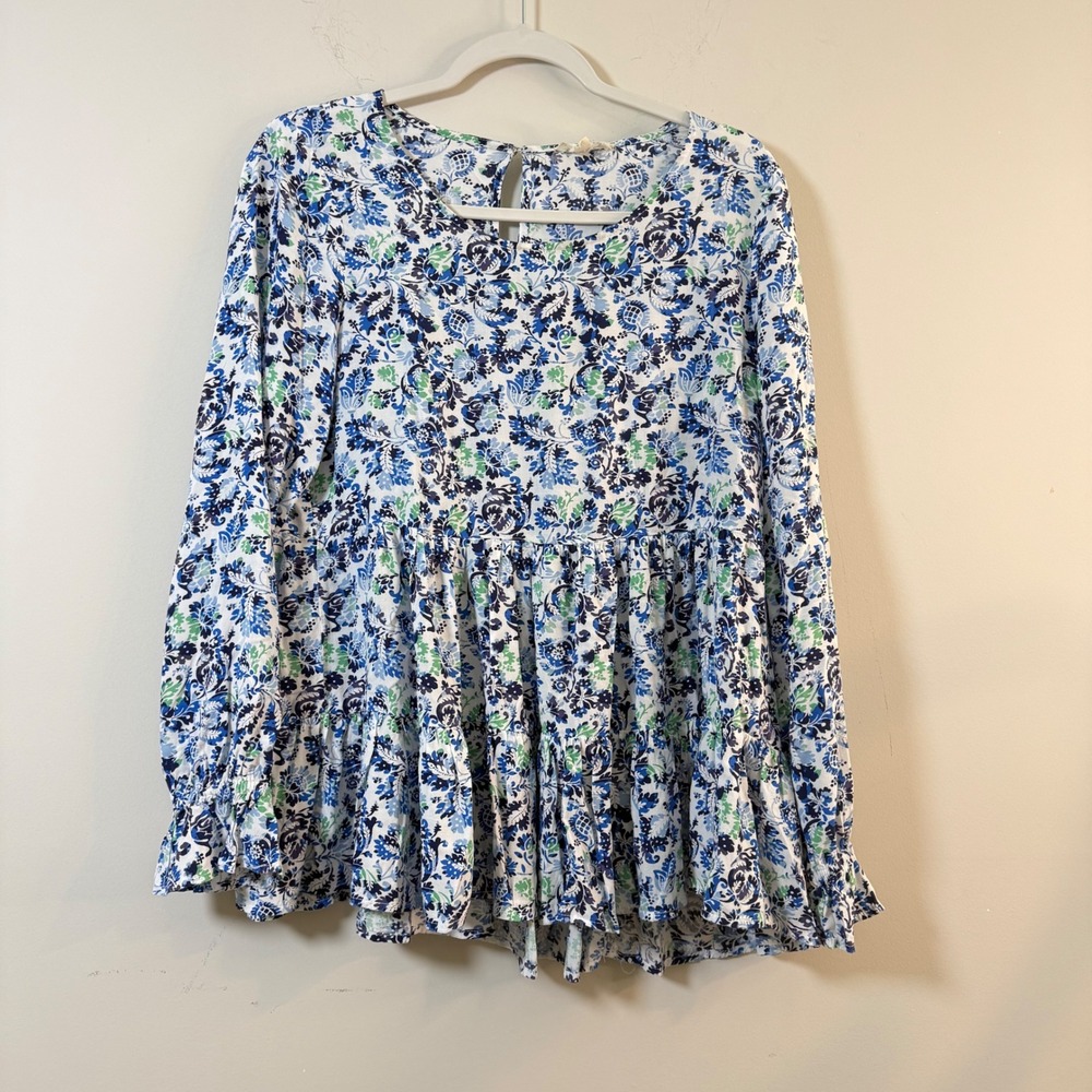 Jane and Delancey Blouse Blue Floral‎ Tiered Babydoll Women Size S